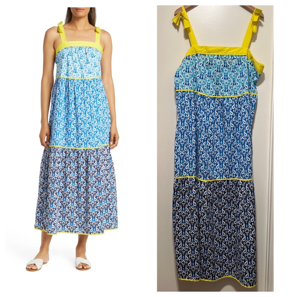 C. Wonder Bow Strap Tiered Maxi Dress Ikat Paisley Multi color XL NWT.